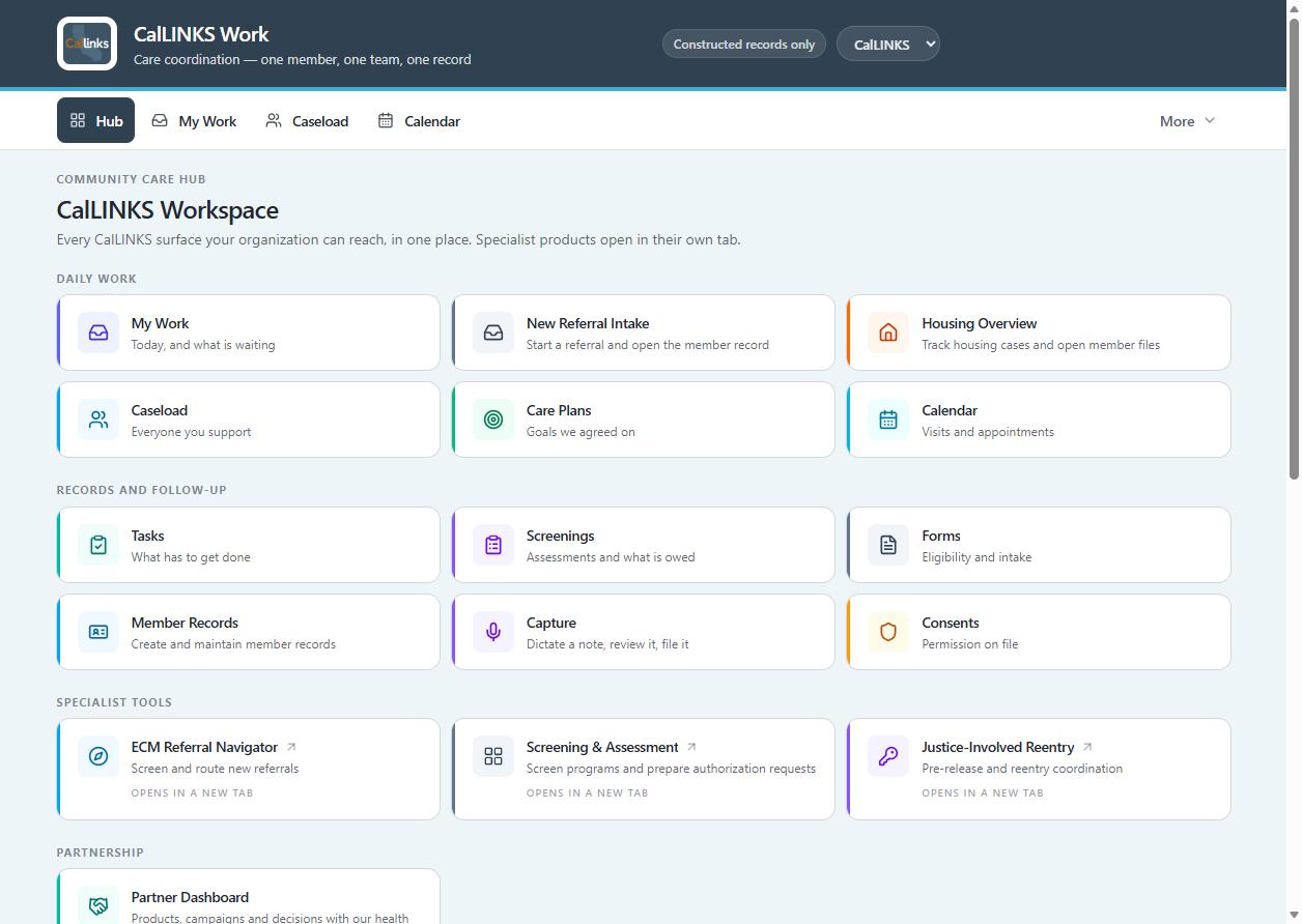 The CalLINKS Work Hub: daily work, records and follow-up, specialist tools and the partnership, on one page