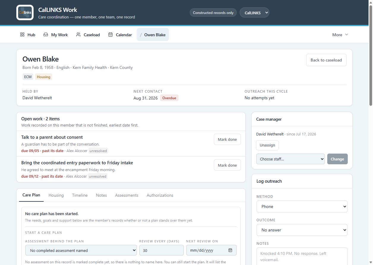 A member record: open work earliest first, case manager, outreach logging and the care plan tab