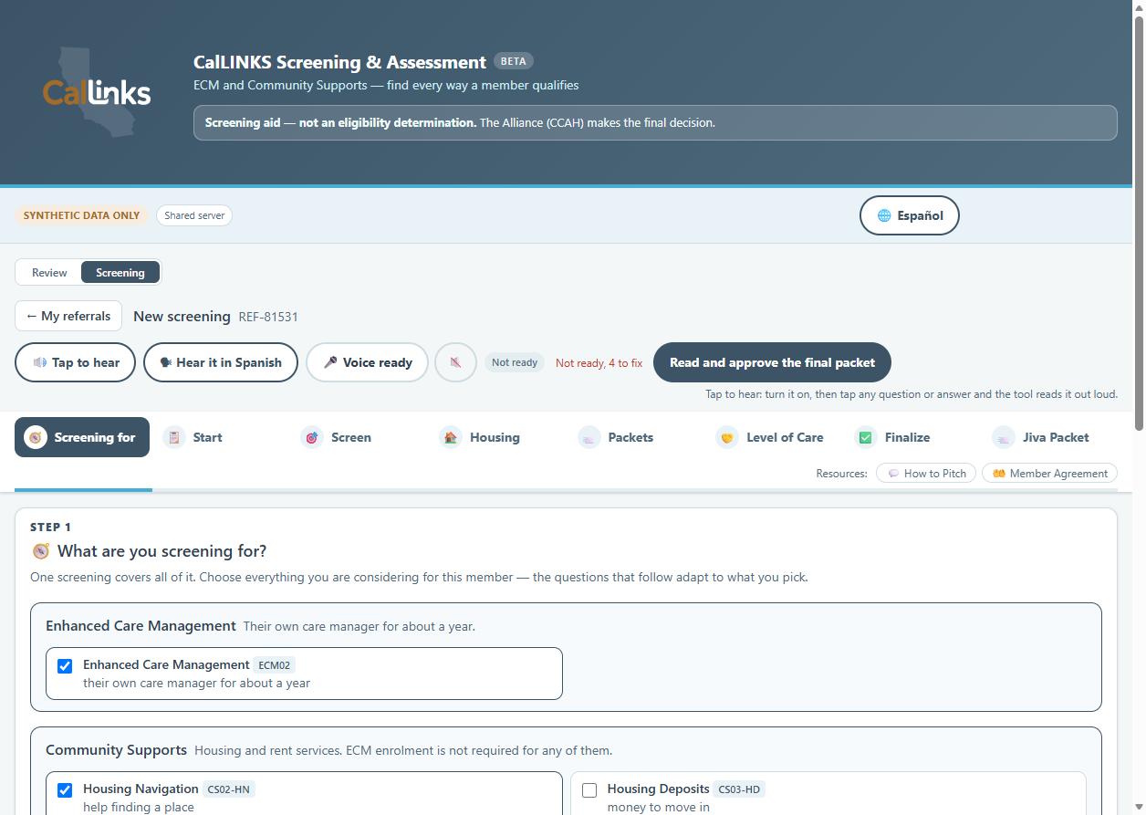 Screening & Assessment: one screening covers Enhanced Care Management and the Community Supports, with read-aloud and Spanish